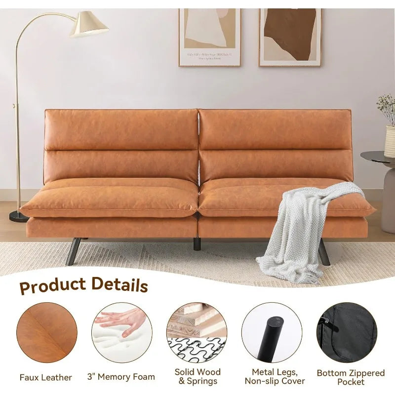 Convertible Sleeper, Memory Foam Futon Couch Bed,Small Splitback Modern Sofa Sofabed, Light Brown