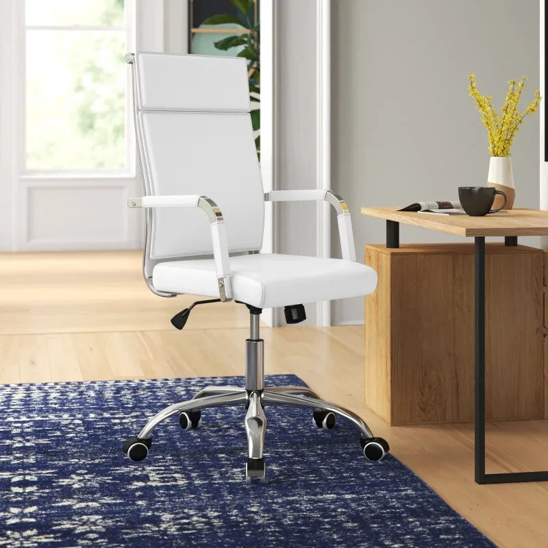 Mid-Back Office Desk Chair Executive Adjustable Swivel Task Chair PU Leather Conference Chair with Armrests,White